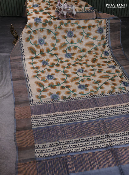 Beige & Grey Pure Tussar Saree - Kalamkari Prints