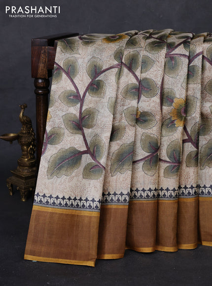 Beige & Mustard Pure Tussar Saree - Kalamkari Prints