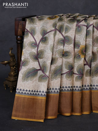 Beige & Mustard Pure Tussar Saree - Kalamkari Prints