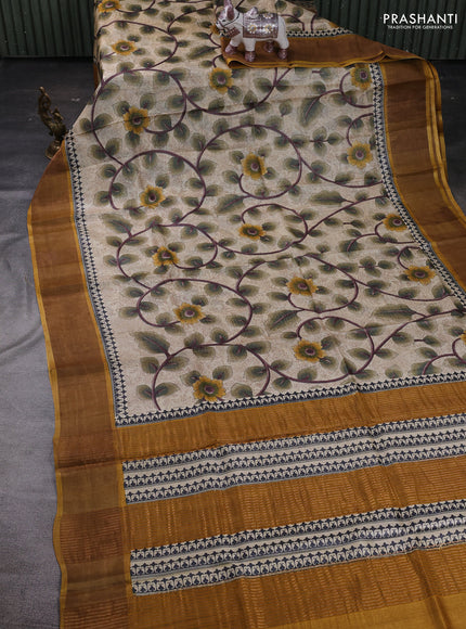 Beige & Mustard Pure Tussar Saree - Kalamkari Prints