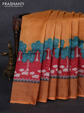 Orange & Red Pure Tussar Saree - Prints