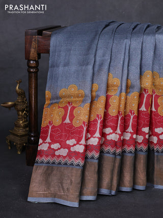 Grey & Red Pure Tussar Saree - Prints