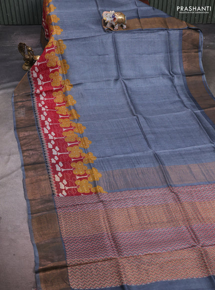 Grey & Red Pure Tussar Saree - Prints