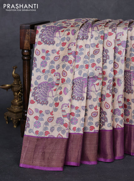 Beige & Purple Pure Tussar Saree - Kalamkari Prints