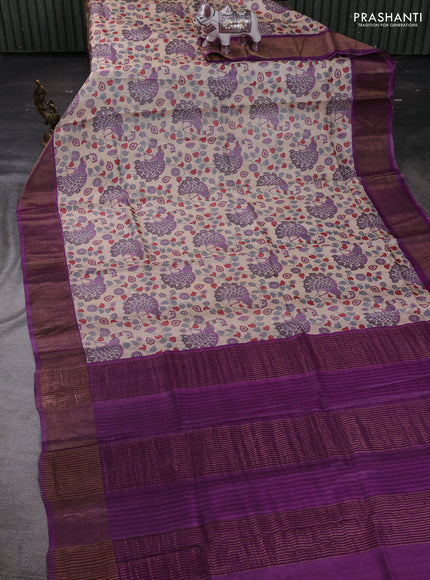 Beige & Purple Pure Tussar Saree - Kalamkari Prints