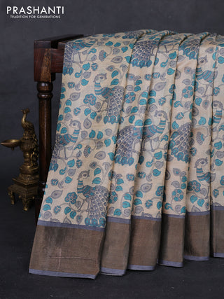 Beige & Grey Pure Tussar Saree - Kalamkari Prints