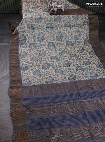 Beige & Grey Pure Tussar Saree - Kalamkari Prints