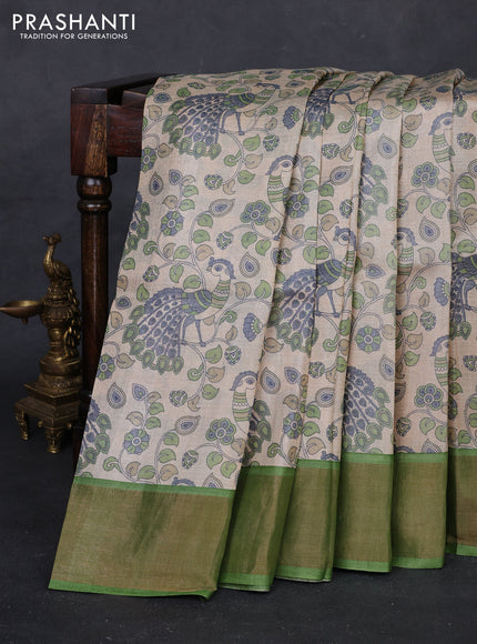 Cream  & Green Pure Tussar Saree - Kalamkari Prints