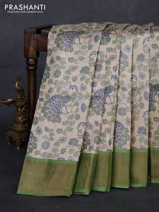 Cream  & Green Pure Tussar Saree - Kalamkari Prints