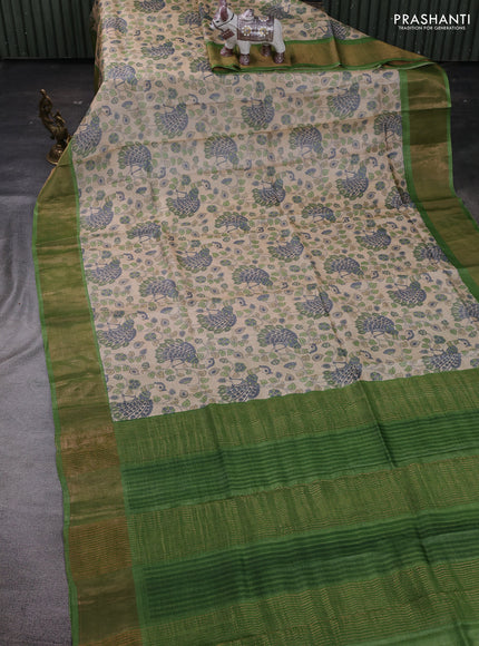 Cream  & Green Pure Tussar Saree - Kalamkari Prints