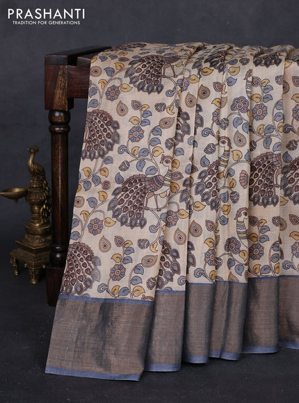 Cream  & Grey Pure Tussar Saree - Kalamkari Prints