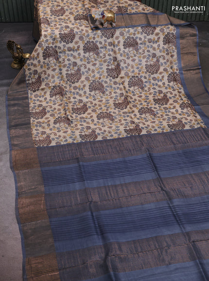 Cream  & Grey Pure Tussar Saree - Kalamkari Prints