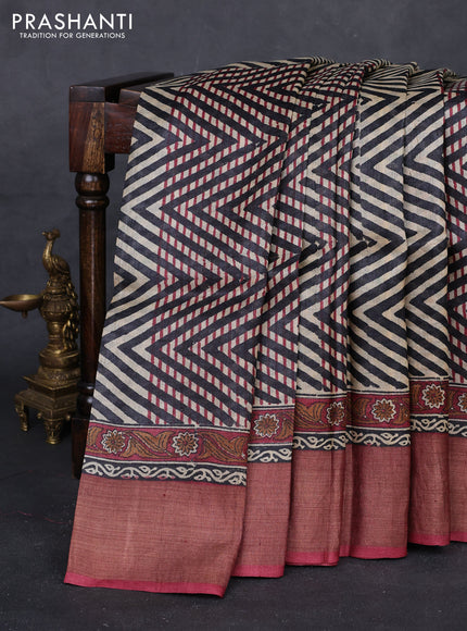 Black & Maroon Pure Tussar Saree - Zigzag Prints