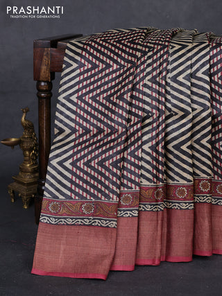 Black & Maroon Pure Tussar Saree - Zigzag Prints