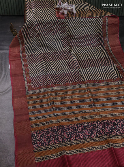 Black & Maroon Pure Tussar Saree - Zigzag Prints