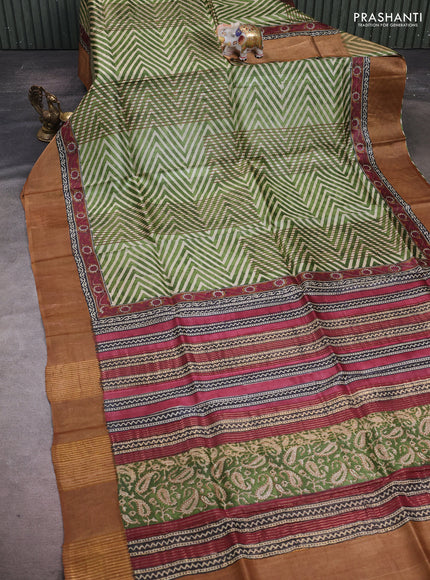 Green & Mustard Pure Tussar Saree - Zigzag Prints