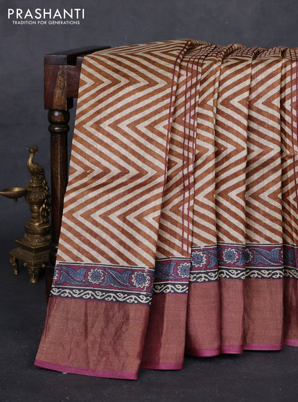 Brown & Pink Pure Tussar Saree - Zigzag Prints