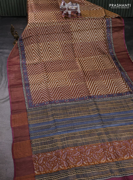 Brown & Pink Pure Tussar Saree - Zigzag Prints