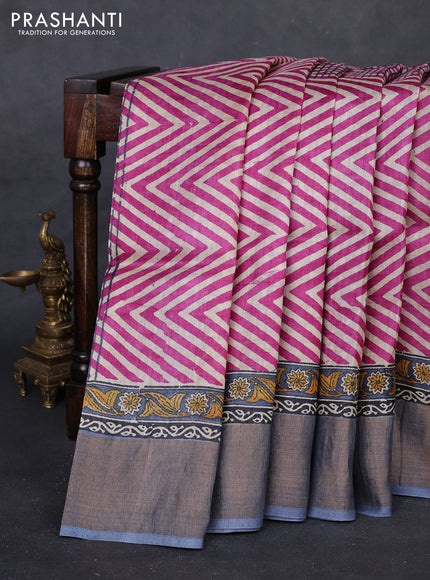 Pink & Grey Pure Tussar Saree - Zigzag Prints