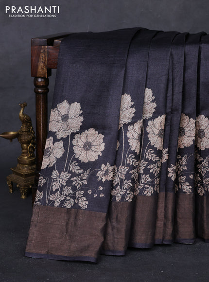 Black Pure Tussar Saree - Kalamkari Prints