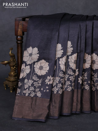 Black Pure Tussar Saree - Kalamkari Prints