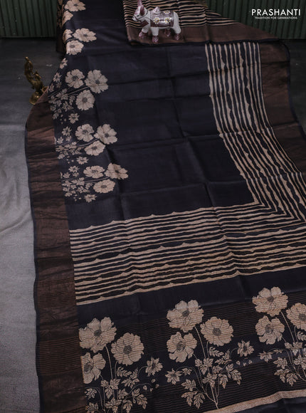 Black Pure Tussar Saree - Kalamkari Prints