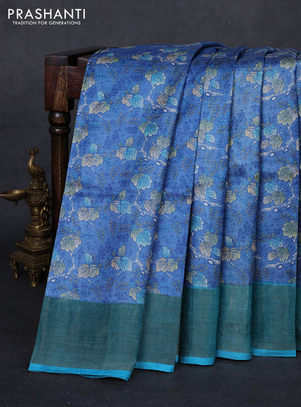 Blue & Teal Green Pure Tussar Saree - Kalamkari Prints