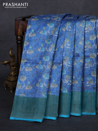 Blue & Teal Green Pure Tussar Saree - Kalamkari Prints