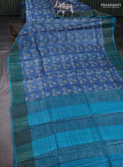 Blue & Teal Green Pure Tussar Saree - Kalamkari Prints