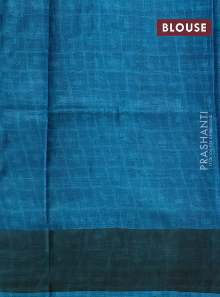Blue & Teal Green Pure Tussar Saree - Kalamkari Prints