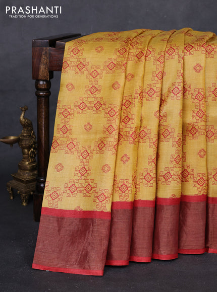 Yellow & Red Pure Tussar Saree - Geometric Prints