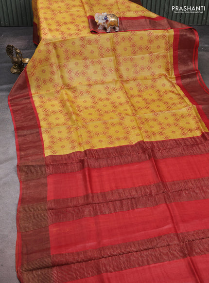 Yellow & Red Pure Tussar Saree - Geometric Prints