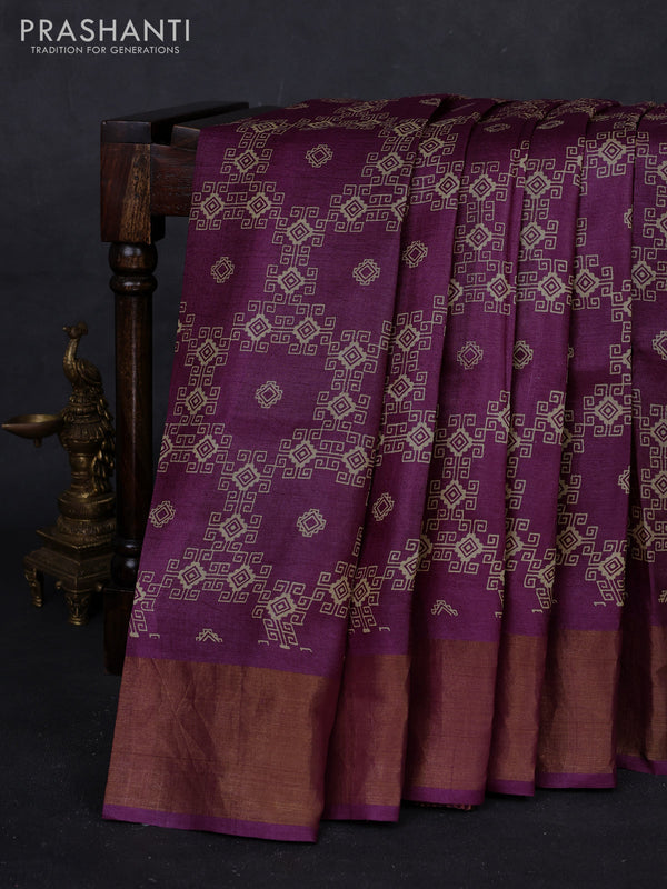 Wine Pure Tussar Saree - Geometric Prints