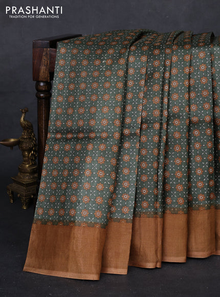 Green & Mustard Yellow Pure Tussar Saree - Ajrakh Prints