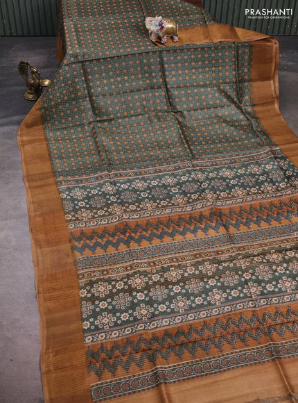 Green & Mustard Yellow Pure Tussar Saree - Ajrakh Prints