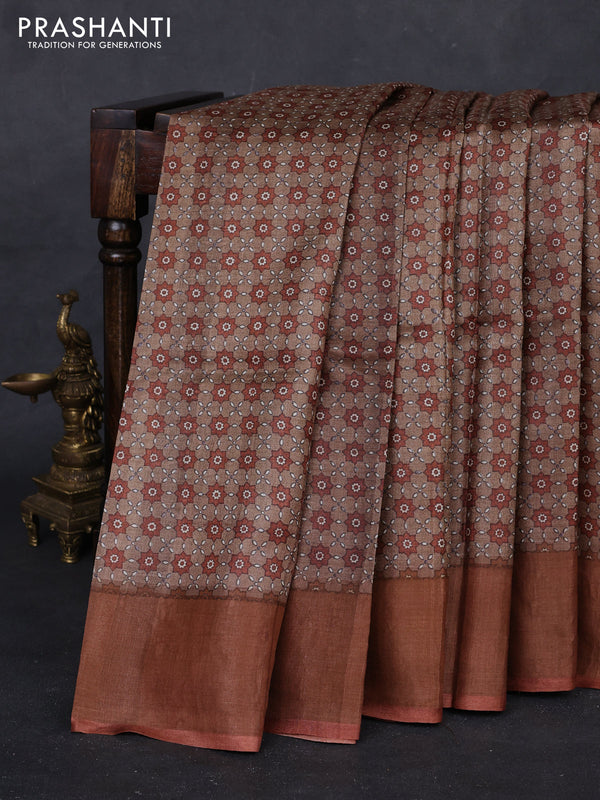 Beige & Rust Pure Tussar Saree - Ajrakh Prints
