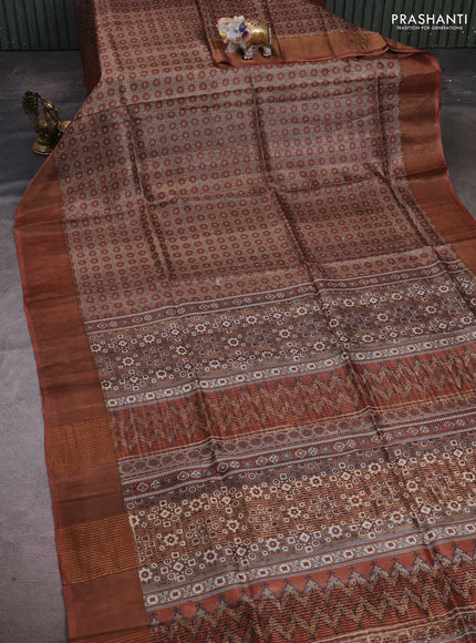 Beige & Rust Pure Tussar Saree - Ajrakh Prints