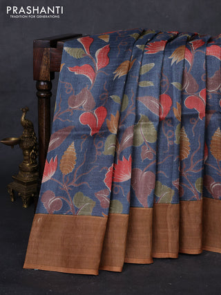 Grey & Mustard Yellow Pure Tussar Saree - Kalamkari Prints