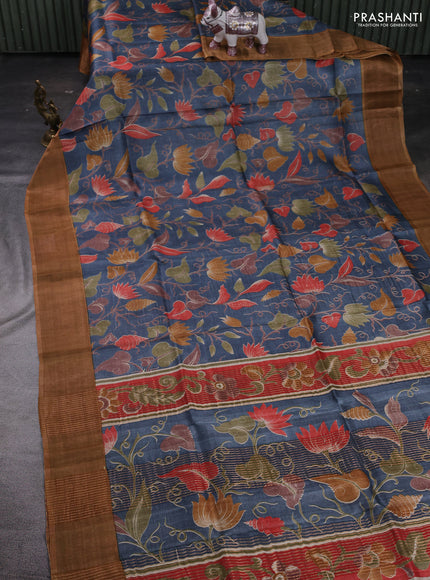 Grey & Mustard Yellow Pure Tussar Saree - Kalamkari Prints