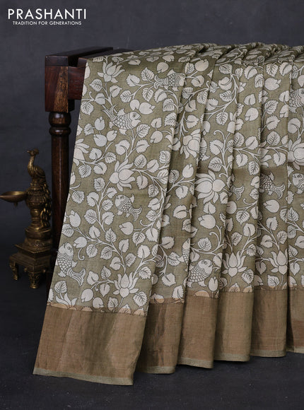 Elaichi Green Pure Tussar Saree - Kalamkari Prints