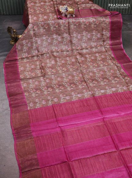 Brown & Pink Pure Tussar Saree - Prints
