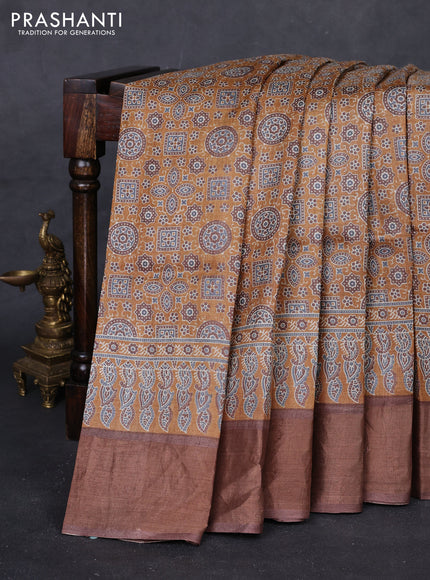 Mustard Yellow & Brown Pure Tussar Saree - Ajrakh Prints