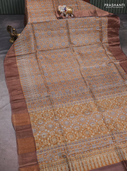 Mustard Yellow & Brown Pure Tussar Saree - Ajrakh Prints