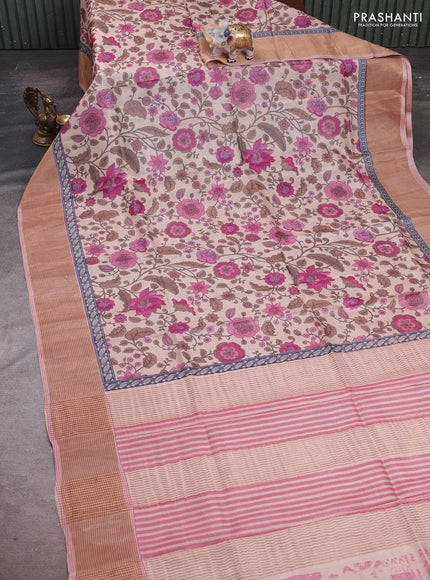 Peach & Pink Pure Tussar Saree - Kalamkari Prints