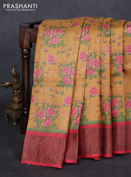 Mustard Yellow & Red Pure Tussar Saree - Prints