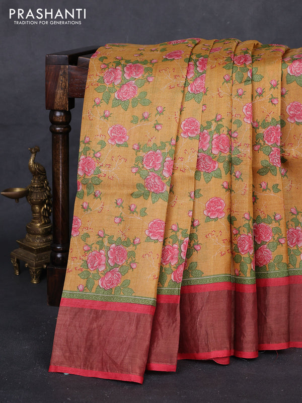 Mustard Yellow & Red Pure Tussar Saree - Prints