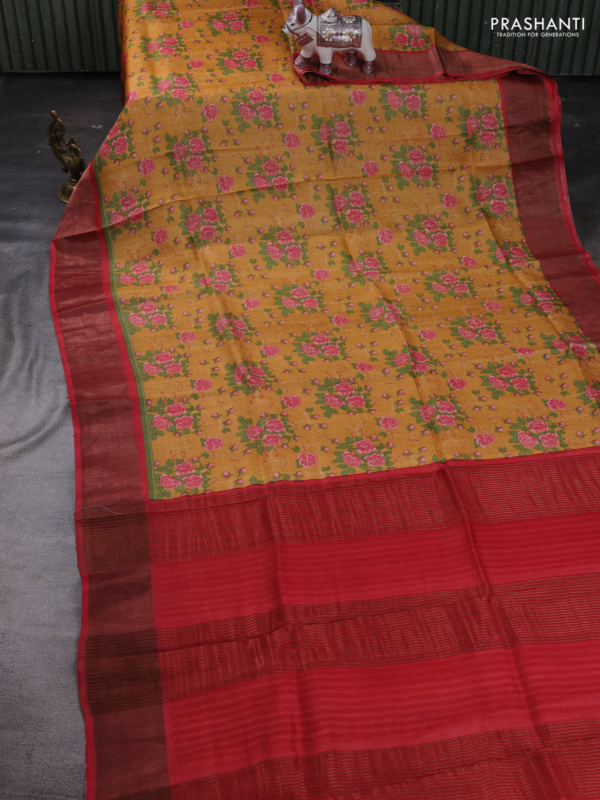 Mustard Yellow & Red Pure Tussar Saree - Prints – Prashanti Sarees