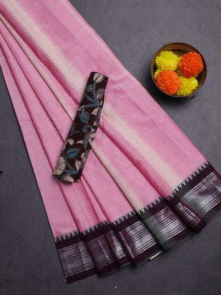 Baby Pink & Coffee Brown Narayanpet Cotton - Kalamkari Blouse