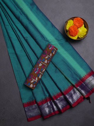 Teal Green & Mustard Yellow Narayanpet Cotton - Kalamkari Blouse