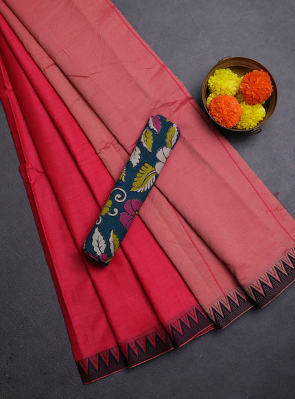 Peach Pink & Peacock Green Narayanpet Cotton - Kalamkari Blouse